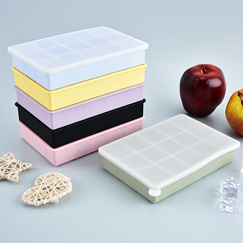 Baby Products Cream - ถาดทำน้ำแข็งซิลิโคน 15 ช่องพร้อมฝาปิด, แม่พิมพ์น้ำแข็งเกรดอาหาร, กล่องทำน้ำแข็งสำหรับใช้ในบ้าน, แม่พิมพ์ทำไอศกรีมเจลลี่สำหรับเด็ก