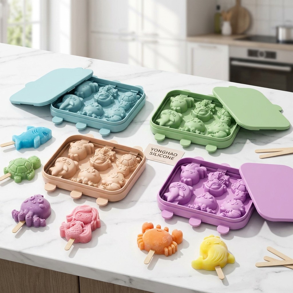 Baby Products Cream - แม่พิมพ์ซิลิโคนรูปสัตว์ทะเลนางเงือก 6 ช่อง พร้อมฝาปิด ถาดนึ่งอาหารเสริมสำหรับเด็ก อุปกรณ์ตกแต่งเค้กช็อกโกแลตและเยลลี่